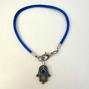 Evil Eye Hamsa Hand Charm Blue Cord Bracelet 7”